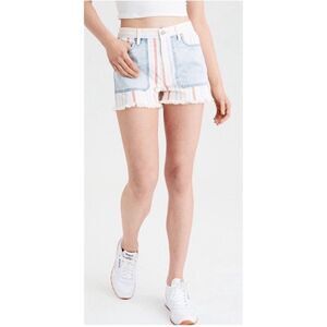 American Eagle Hi-Rise Mom Short in Red White & Blue Stripes Patchwork Denim